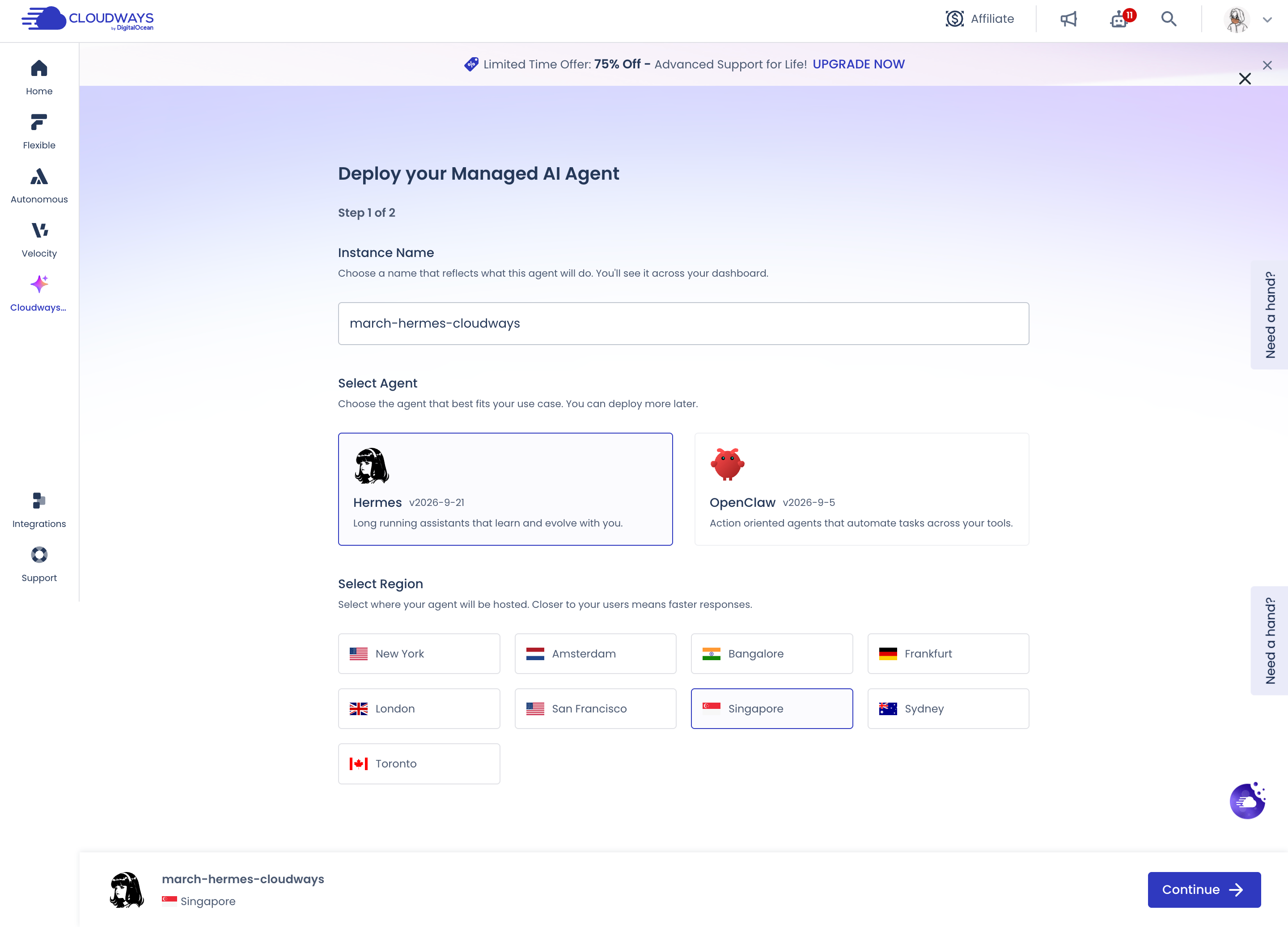 Cloudways Managed AI Agent 部署頁選取 Hermes 與 Singapore