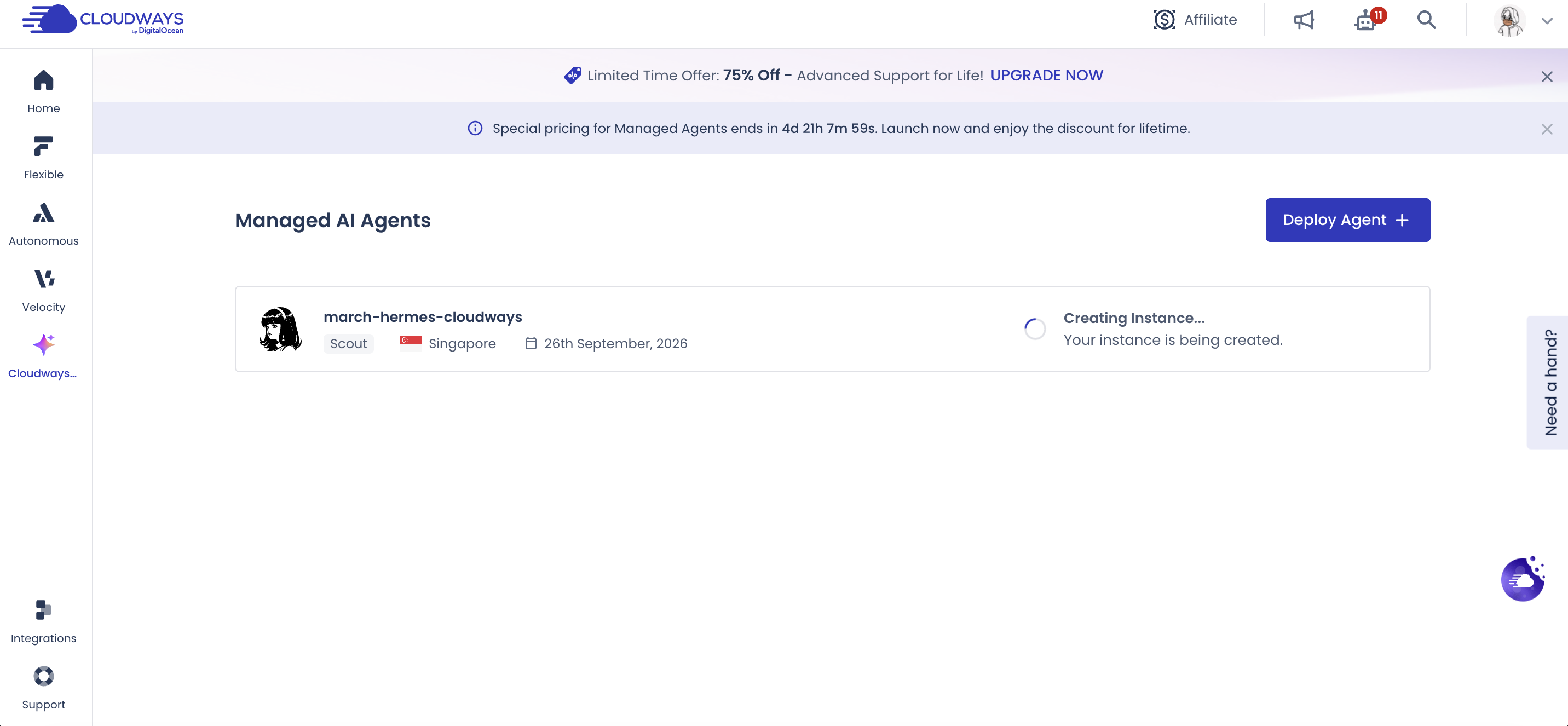 Cloudways Managed AI Agents 顯示 Hermes instance 正在建立
