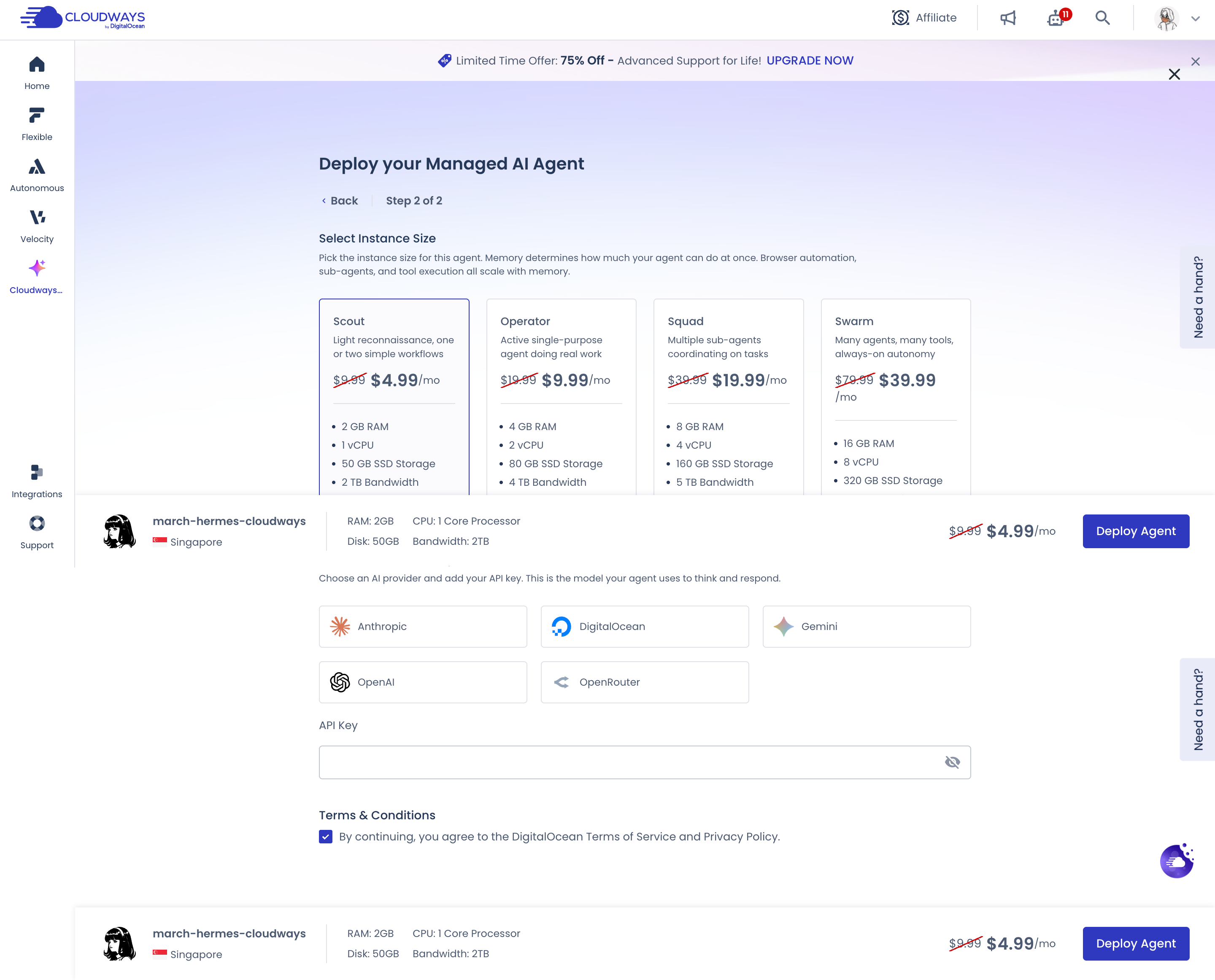 Cloudways 選擇 Scout 規格並顯示 LLM Provider 與 API Key 設定