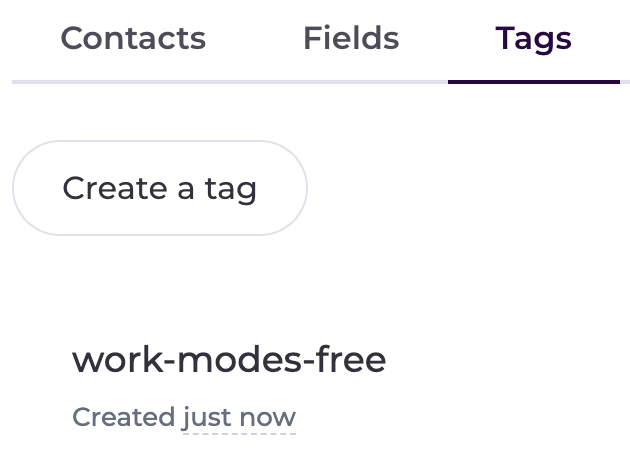EmailOctopus 的 Tags 頁面顯示 work-modes-free 標籤已建立