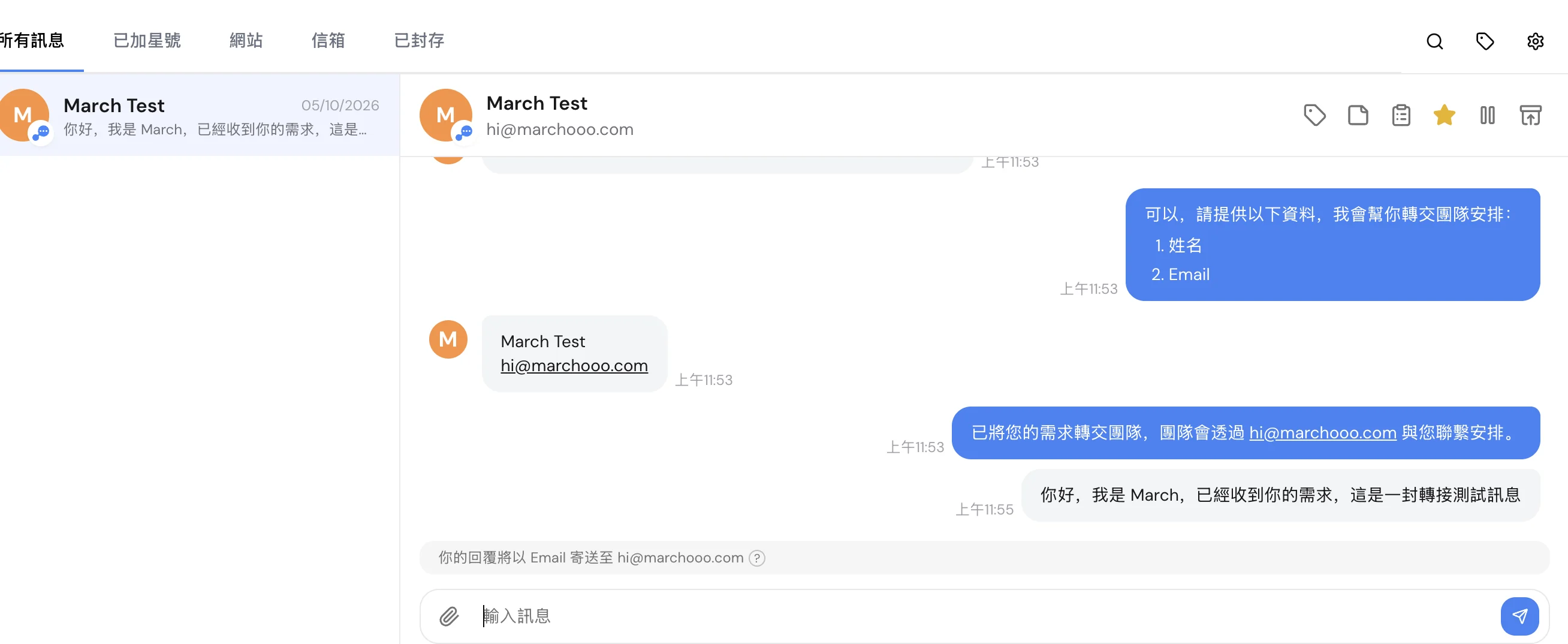 Jaaxis 將需要真人處理的網站對話轉進收件匣,保留訪客聯絡資料讓真人接手